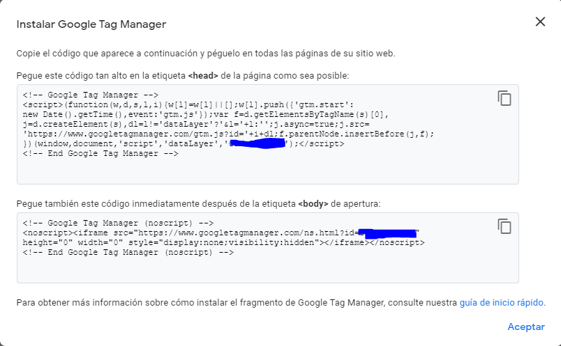 Código de instalación de Tag Manager